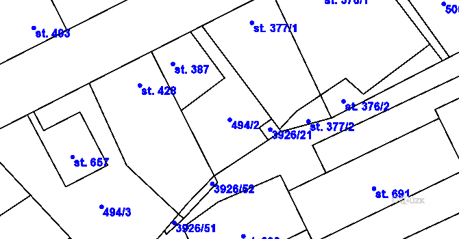 Parcela st. 494/2 v KÚ Kryry, Katastrální mapa
