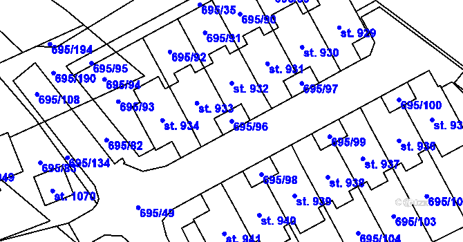 Parcela st. 695/96 v KÚ Kryry, Katastrální mapa