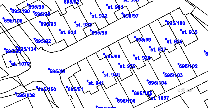 Parcela st. 695/98 v KÚ Kryry, Katastrální mapa