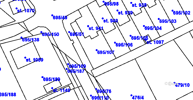Parcela st. 695/107 v KÚ Kryry, Katastrální mapa