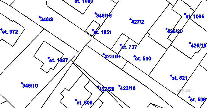 Parcela st. 423/19 v KÚ Kryry, Katastrální mapa
