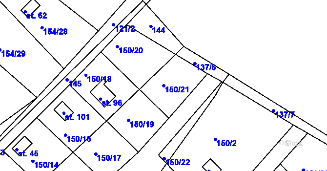 Parcela st. 150/21 v KÚ Kutlíře, Katastrální mapa
