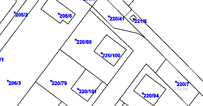 Parcela st. 220/100 v KÚ Břuchotín, Katastrální mapa
