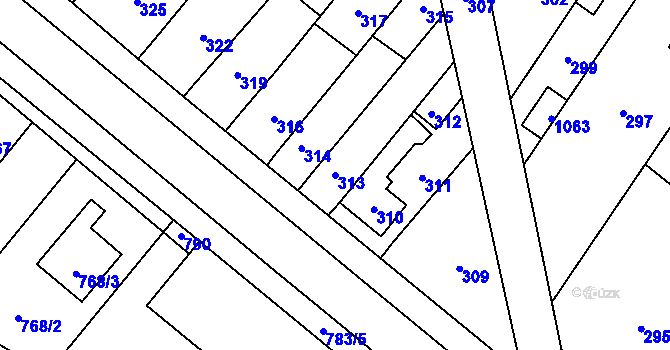Parcela st. 313 v KÚ Křelov, Katastrální mapa