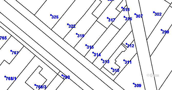 Parcela st. 316 v KÚ Křelov, Katastrální mapa