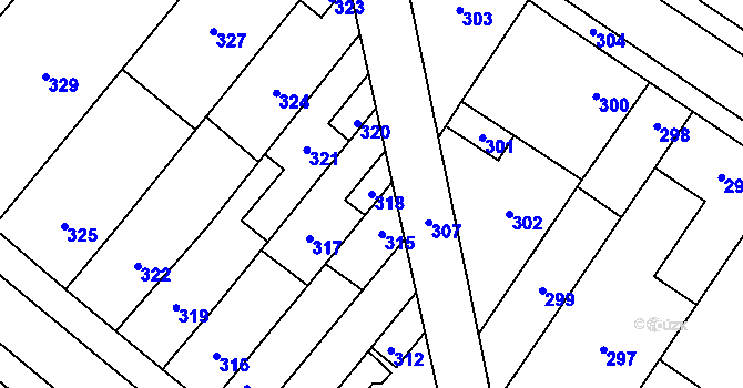 Parcela st. 318 v KÚ Křelov, Katastrální mapa