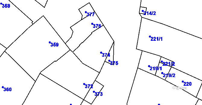 Parcela st. 374 v KÚ Křelov, Katastrální mapa