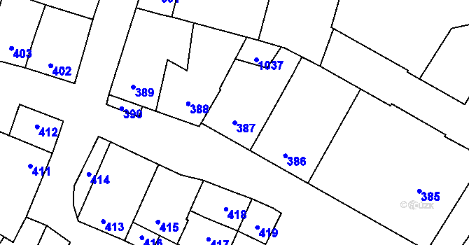 Parcela st. 387 v KÚ Křelov, Katastrální mapa