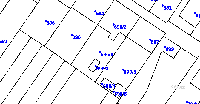 Parcela st. 696/1 v KÚ Křelov, Katastrální mapa