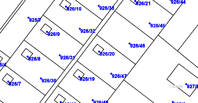 Parcela st. 926/20 v KÚ Křelov, Katastrální mapa