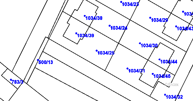 Parcela st. 1034/25 v KÚ Křelov, Katastrální mapa