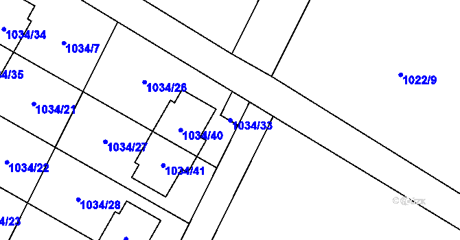 Parcela st. 1034/33 v KÚ Křelov, Katastrální mapa