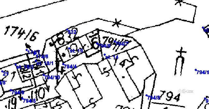 Parcela st. 14 v KÚ Mydlovary, Katastrální mapa