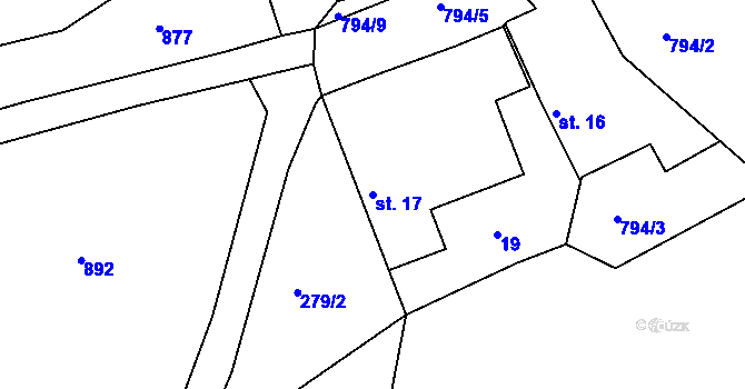 Parcela st. 17 v KÚ Mydlovary, Katastrální mapa