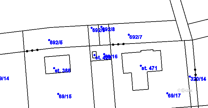Parcela st. 69/16 v KÚ Křenice u Prahy, Katastrální mapa