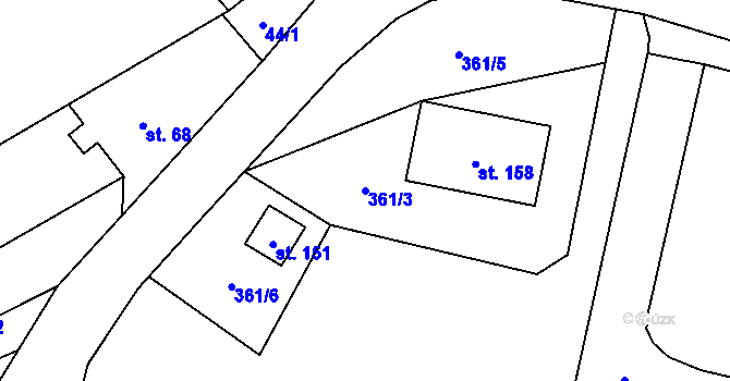 Parcela st. 361/3 v KÚ Křenov, Katastrální mapa