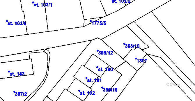 Parcela st. 386/12 v KÚ Křenov, Katastrální mapa