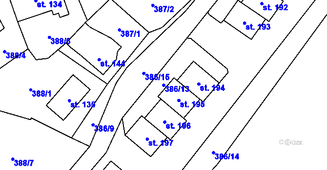 Parcela st. 386/13 v KÚ Křenov, Katastrální mapa