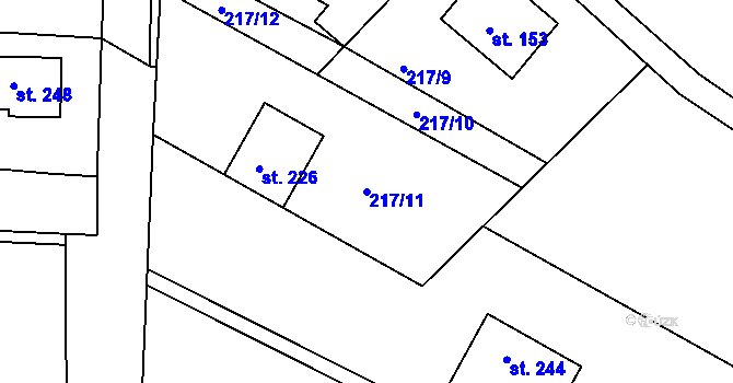 Parcela st. 217/11 v KÚ Křetín, Katastrální mapa