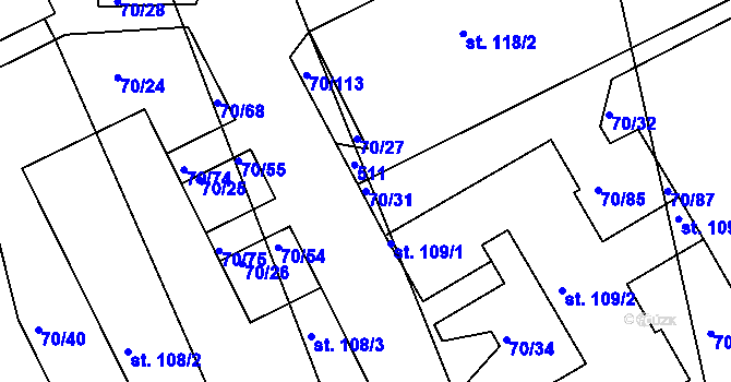 Parcela st. 70/31 v KÚ Křičeň, Katastrální mapa
