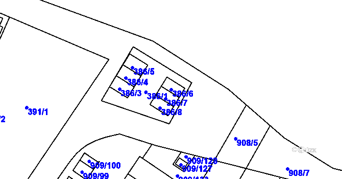 Parcela st. 386/6 v KÚ Křimice, Katastrální mapa