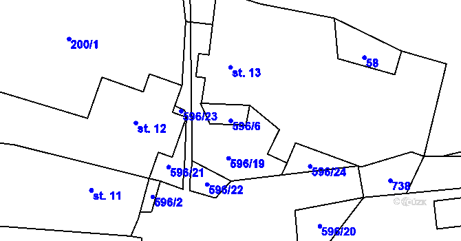 Parcela st. 596/6 v KÚ Křimov, Katastrální mapa