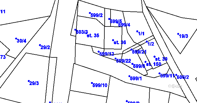 Parcela st. 599/12 v KÚ Křimov, Katastrální mapa