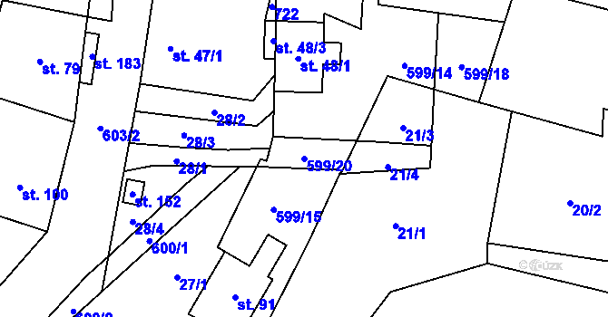 Parcela st. 599/20 v KÚ Křimov, Katastrální mapa