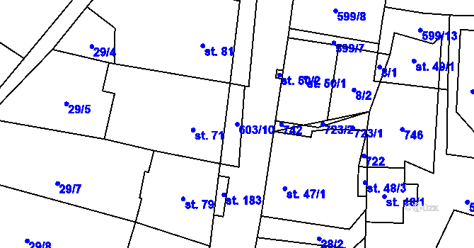 Parcela st. 603/10 v KÚ Křimov, Katastrální mapa