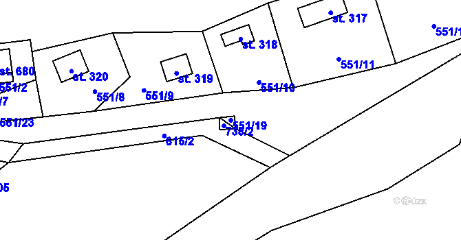 Parcela st. 551/19 v KÚ Křivoklát, Katastrální mapa