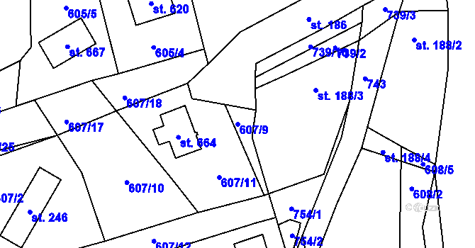 Parcela st. 607/9 v KÚ Křivoklát, Katastrální mapa