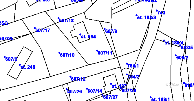 Parcela st. 607/11 v KÚ Křivoklát, Katastrální mapa