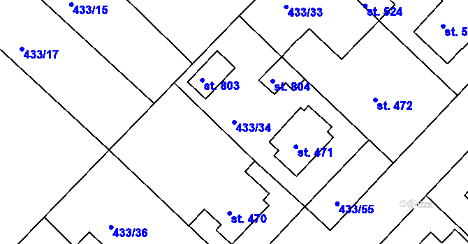Parcela st. 433/34 v KÚ Křižanov, Katastrální mapa