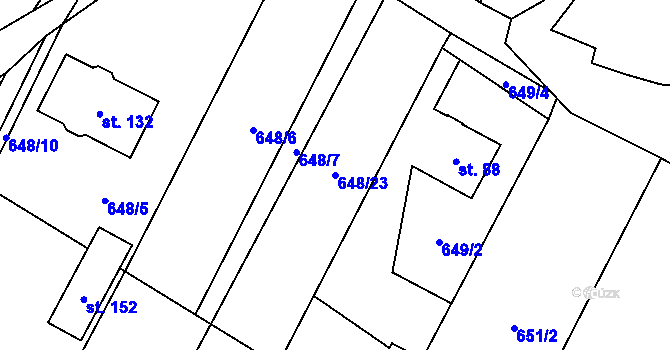 Parcela st. 648/23 v KÚ Křižínkov, Katastrální mapa