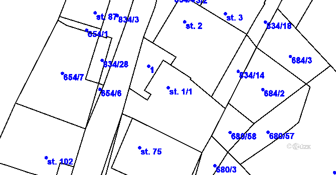Parcela st. 1/1 v KÚ Křižínkov, Katastrální mapa