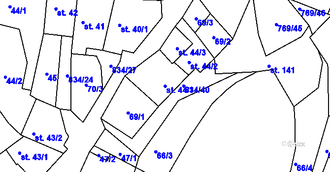 Parcela st. 44/1 v KÚ Křižínkov, Katastrální mapa