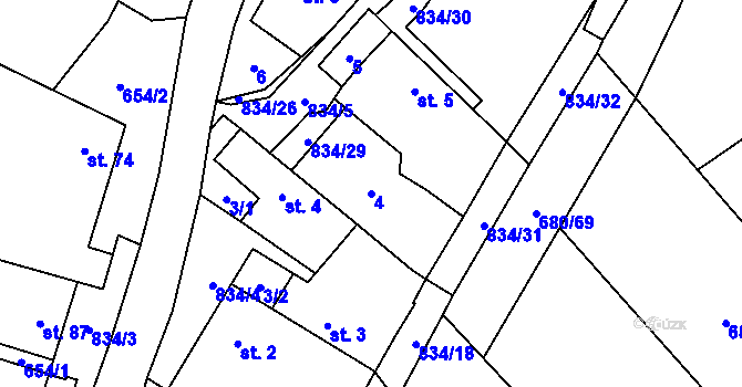 Parcela st. 4 v KÚ Křižínkov, Katastrální mapa