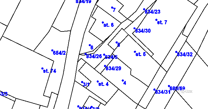Parcela st. 834/5 v KÚ Křižínkov, Katastrální mapa