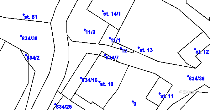 Parcela st. 834/7 v KÚ Křižínkov, Katastrální mapa
