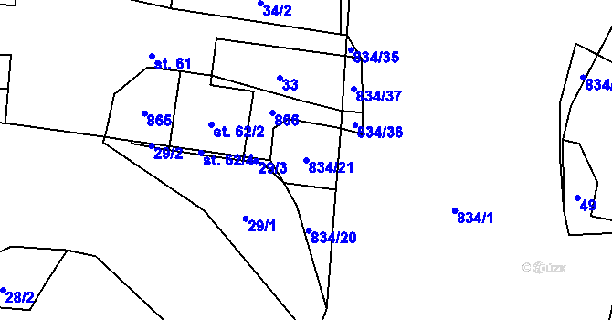 Parcela st. 834/21 v KÚ Křižínkov, Katastrální mapa