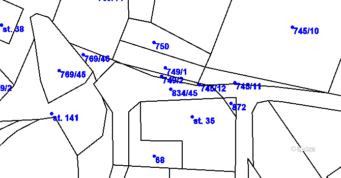 Parcela st. 834/45 v KÚ Křižínkov, Katastrální mapa