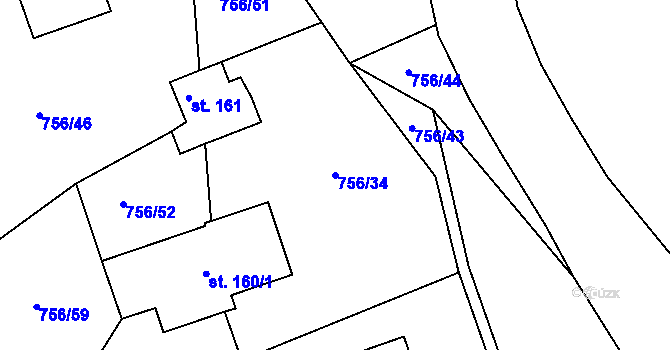 Parcela st. 756/34 v KÚ Křoví, Katastrální mapa