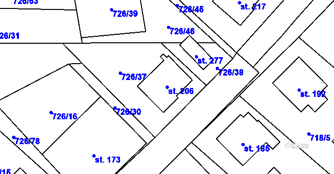 Parcela st. 206 v KÚ Křoví, Katastrální mapa