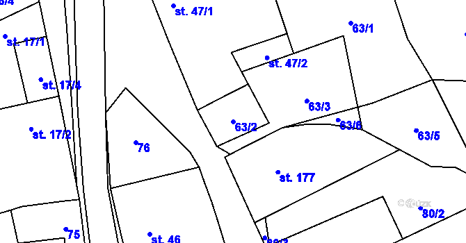 Parcela st. 63/2 v KÚ Křoví, Katastrální mapa