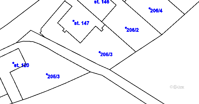 Parcela st. 206/3 v KÚ Křoví, Katastrální mapa