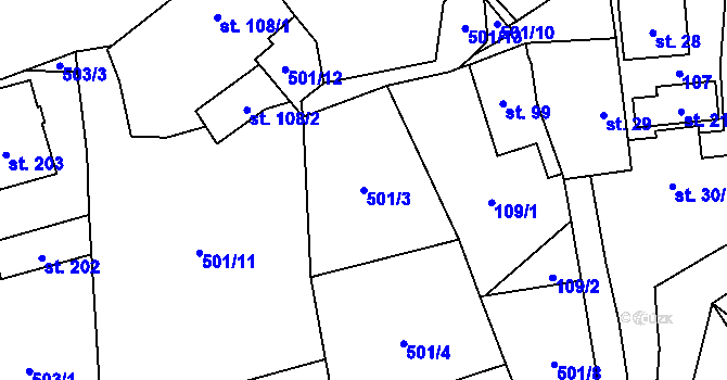 Parcela st. 501/3 v KÚ Křoví, Katastrální mapa