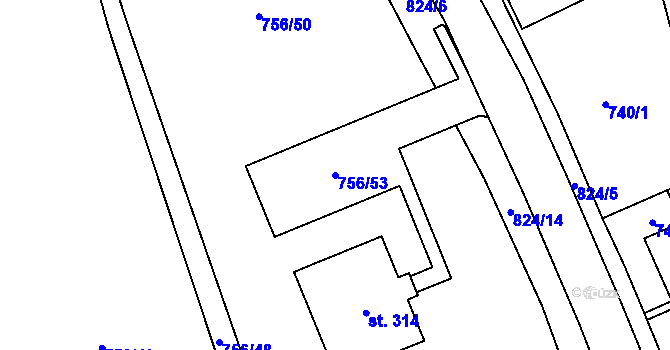 Parcela st. 756/53 v KÚ Křoví, Katastrální mapa
