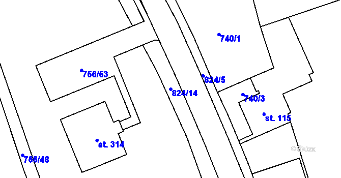 Parcela st. 824/14 v KÚ Křoví, Katastrální mapa