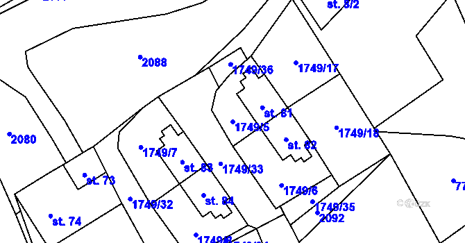 Parcela st. 1749/5 v KÚ Smědeč, Katastrální mapa