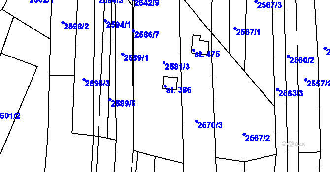 Parcela st. 386 v KÚ Kudlovice, Katastrální mapa